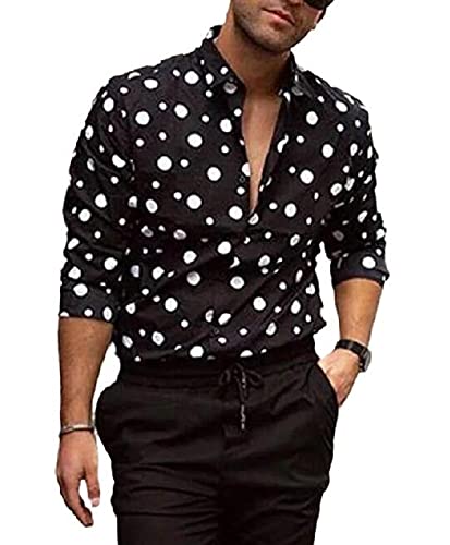 Chemise à Pois pour Hommes, Chemises à Manches Longues à Imprimé Graphique Décontracté à La Mode Noir XL