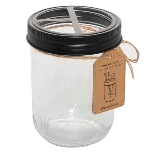 Plomkeest 16 oz Mason jar Toothbrush Holder Rust Proof 304 Stainless Steel Rustic Farmhouse Decor Bathroom Accessories(Black)