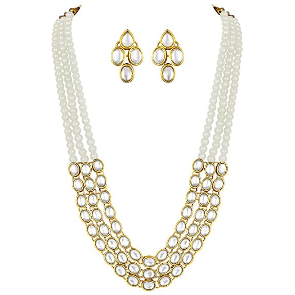 Gold Plated Traditional Stunning White Kundan Studded Layered Pearl Necklace Jewellery Set with Earrings For Women/Girls (IJ376)-image-4