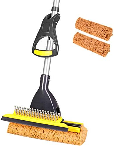 Yocada Sponge Mop Home Commercial Use Tile Floor Bathroom Garage Cleaning with Total 2 Sponge Heads Squeegee and Extendable Telescopic Long Handle 42.5-52 Inches Easily Dry Wringing