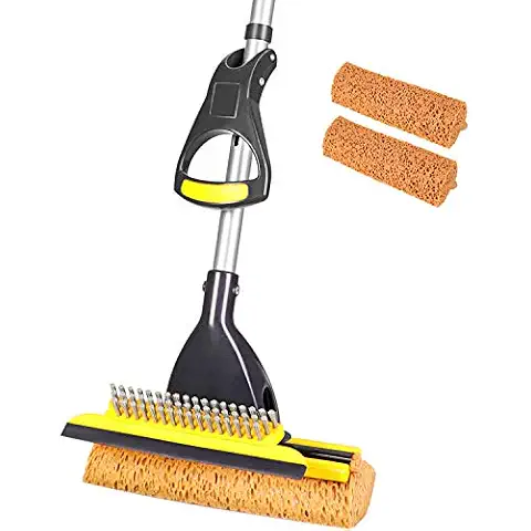 Yocada Sponge Mop Home Commercial Use Tile Floor Bathroom Garage Cleaning with Squeegee and Extendable Telescopic Long Handle 41-53 Inches Easily Dry Wringing with 2 Sponge Head Cover