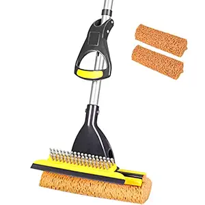 YOCADA Sponge Mop Home Commercial Use Tile Floor Bathroom Garage Cleaning with Squeegee and Extendable Telescopic Long Handle 41-53 Inches Easily Dry Wringing with 2 Sponge Head