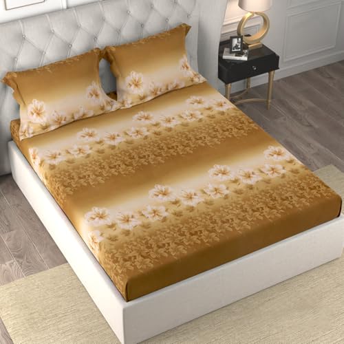 Image of Cloth Fusion Cotton Feel Elastic Fitted Bedsheet King Size, 2 Pillow Covers | Glace cotton 186 TC, 78 x 72 inches, fits up to 8 inch mattress, soft, breathable, wrinkle-resistant, machine wash, brown