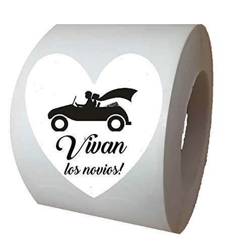 Etiquetas adhesivas blancas corazón Viva los novios (texto en español)