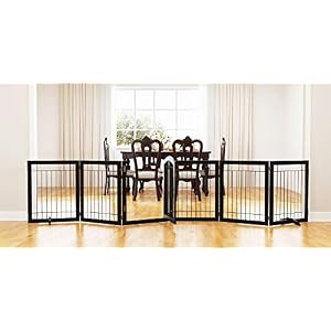 PAWLAND 144 inch Extra Wide 30 inches Tall Dog gate with Door Walk Through Freestanding Wire Pet Gate for The House Doorway Stairs Pet Puppy Safety Fence Support Feet Included