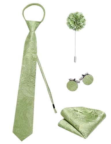Image of Hi-Tie Zipper Sage Green Paisley Ties for Men Adjustable Pre-Tied Necktie Lapel Pin Pocket Square Cufflinks Set
