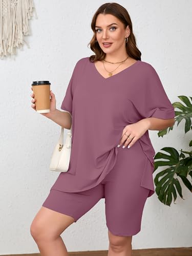 Image of AusLook Women's Plus Size 2 Piece Short Outfits Set Short Sleeve Tops and Shorts Pants Lounge Jogging outfits Matching Set