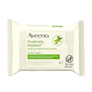 Aveeno Positively Radiant Alcohol Free Makeup Removing Face Wipes, Ultra Soft, Gentle, Non-Comedogenic Facial Cleansing Wipes, 100% Plant Based Home Compostable Wipes, Sulfate Free, 25 ct