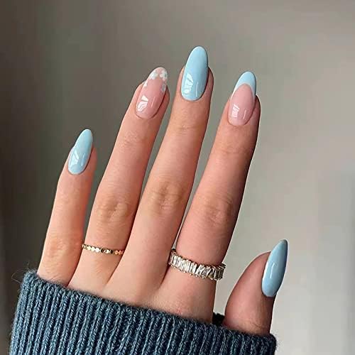French Tip Press on Nails Almond Shape Fake Nails Medium Length False Nails Blue Flower Acrylic Nails with Designs Full Cover Artificial Nails Glossy Stick on Nails for Women and Girls Nail Decoration