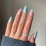 French Tip Press on Nails Almond Shape Fake Nails Medium Length False Nails Blue Flower Acrylic Nail