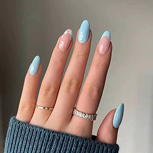 French Tip Press On Nails Almond Shape Fake Nails Medium Length False Nails Blue Flower Acrylic Nails With Designs Full Cover Artificial Nails Glossy Stick On Nails For Women And Girls Nail Decoration #TOP2