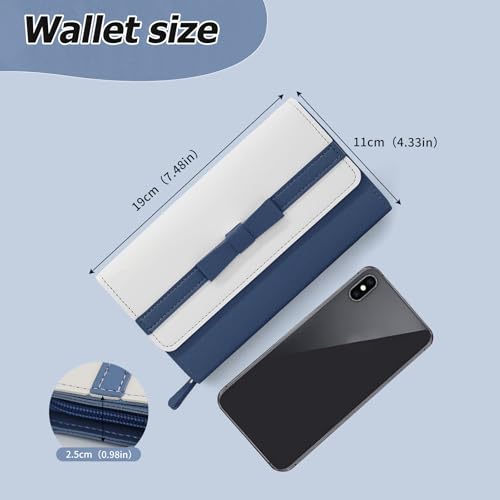 Women Wallets, PU Leather Long Trifold Wallet with Bowknot, Large Capacity Clutch Wallet with Multi Card Slots (Blue)2