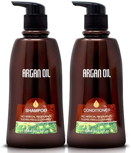 مجموعة شامبو وبلسم زيت الأرغان المغربي الطبيعي الخالي من الكبريتات – علاج آمن للألوان ، حماية من الأشعة فوق البنفسجية ، ترطيب مكثف للشعر الجاف والتالف والمجعد ومكثف للشعر الرقيق (350 مل)