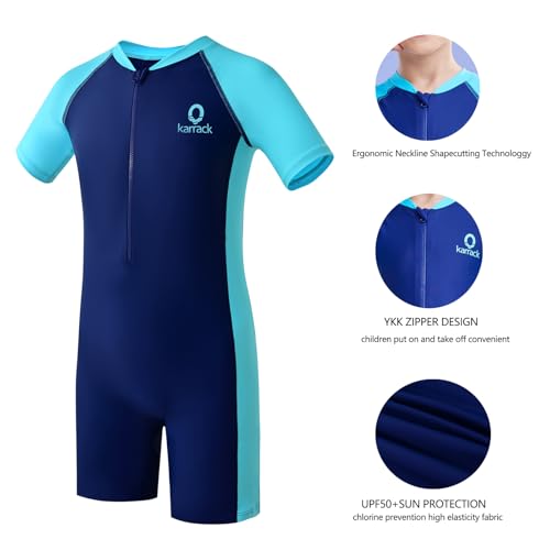 Image of karrack Girls and Boys One Piece Rash Guard Swimsuit Kid Water Sport Short Swimsuit UPF 50+ Sun Protection Bathing Suits