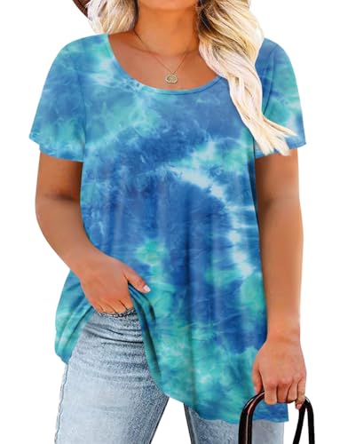 Magritta Womens Short Sleeve Casual Loose Flare Swing Tunic Tops Basic T-Shirt Plus Size Tops for Women Green Blue 2X