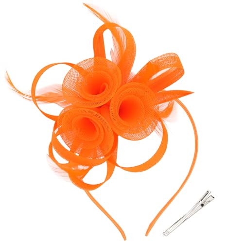 Uintoon Fascinators Hats for Women 2026 Fascinator Headband with Feather Womens Tea Party Hat Derby Hats for Cocktail Fancy Dress Party Wedding 1920s Accessories for Women and Girls (Orange)