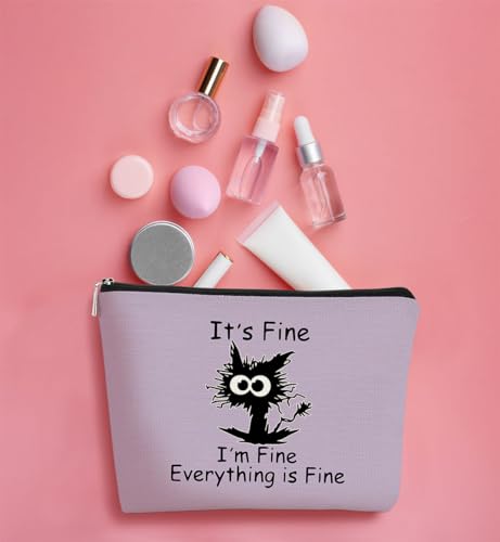 Funny Cute Cat Makeup Bag,Cat Lover Gifts For Women,Its Fine Im Fine Everythings Fine,Black Cat Cosmetic Bag Small Pouch,Birthday Gift,Coworker Gifts(Purple)3