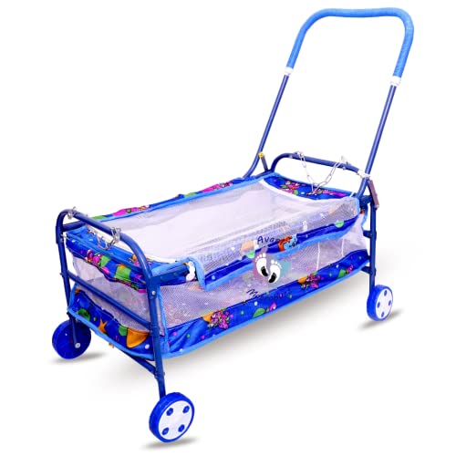 Image of AVANI METROBUZZ Beautiful Printed Lightweight Baby Swing Cradle Cot and Stroller /Jhula with Mosquito Net AM21 (Color - Blue)