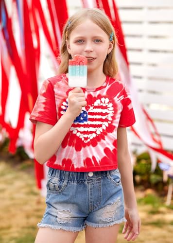 Image of BesserBay Kids Girls 4th of July Crop Tops American Flag Red White Blue Patriotic Bows USA Flag T-Shirts 6-14 Years