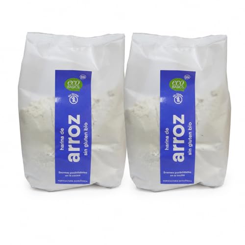 Pack 2 Harina de Arroz Integral Sin Gluten Eco Basic Bio 500 g, 1 kg total, harina ecológica fina para repostería, rebozados, salsas y panadería apta para cocina sin gluten.