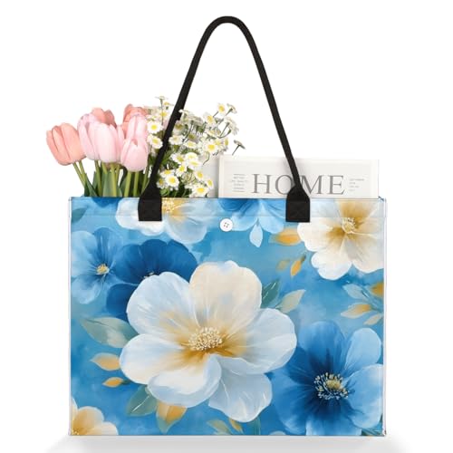 White Blue Flower Tote Bag for Women Large Beach Bag Reusable Tote Bags for Work Travel Beach Shopping3