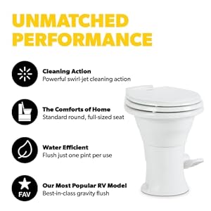 Dometic 310 Standard Toilet White Oblong Shape Lightweight and Efficient with Pressure Enhanced PowerFlush and Slow Close Seat Cover Perfect for Modern RVs