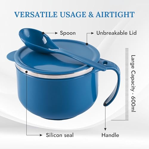 Image of 600ml Airtight-Lid Stainless Steel Soup Bowl with Spoon & Holder | Leakproof Food Container for Noodles, Pasta & Milk | Maggie Bowl & Souptok for Eating | Navy Blue