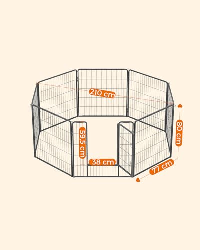 Feandrea Freilaufgehege, Laufstall DIY, mit 8 Gitterplatten je 77 x 80 cm, 2 L-förmige Riegel, transportabel, für innen und außen, extra große Haustiere ohne Halsband, grau PPK88G