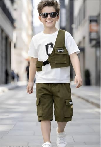 Image of Kids Boys 3-Piece Outfit Set | Half Sleeve T-Shirt, Utility Vest & Cargo Shorts with Cap | Stylish Casual Summer Clothing Set for Boys