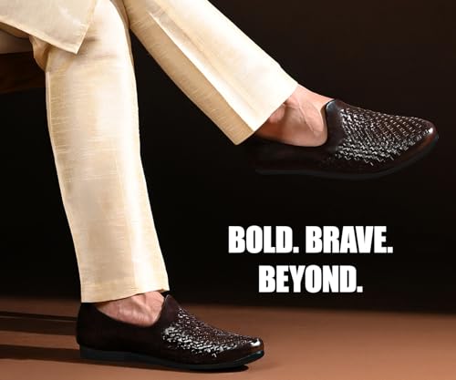 Image of LOUIS STITCH Men's Ethnic Weaved Textured Slip On Mojari's | Stylish Nagra Juti for Men | Lightweight and Comfortable Stylish Juti's and Mojari's for Kurta Pajama | LSAXNGWE