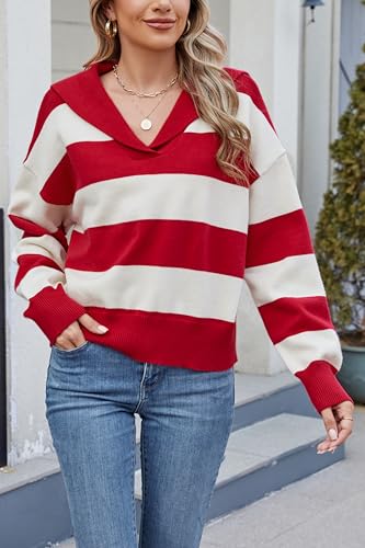 Image of D-Sun Women Striped Sweater V Neck Long Sleeve Cropped Color Block Pullover Sweater Casual Fall Winter Knit Polo Jumper Top