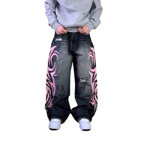 Men's and Women's Y2K Streetwear Loose Jeans Retro Totem Print Gothic Pants high Waist Wide Leg Harajuku Hip-hop Pants