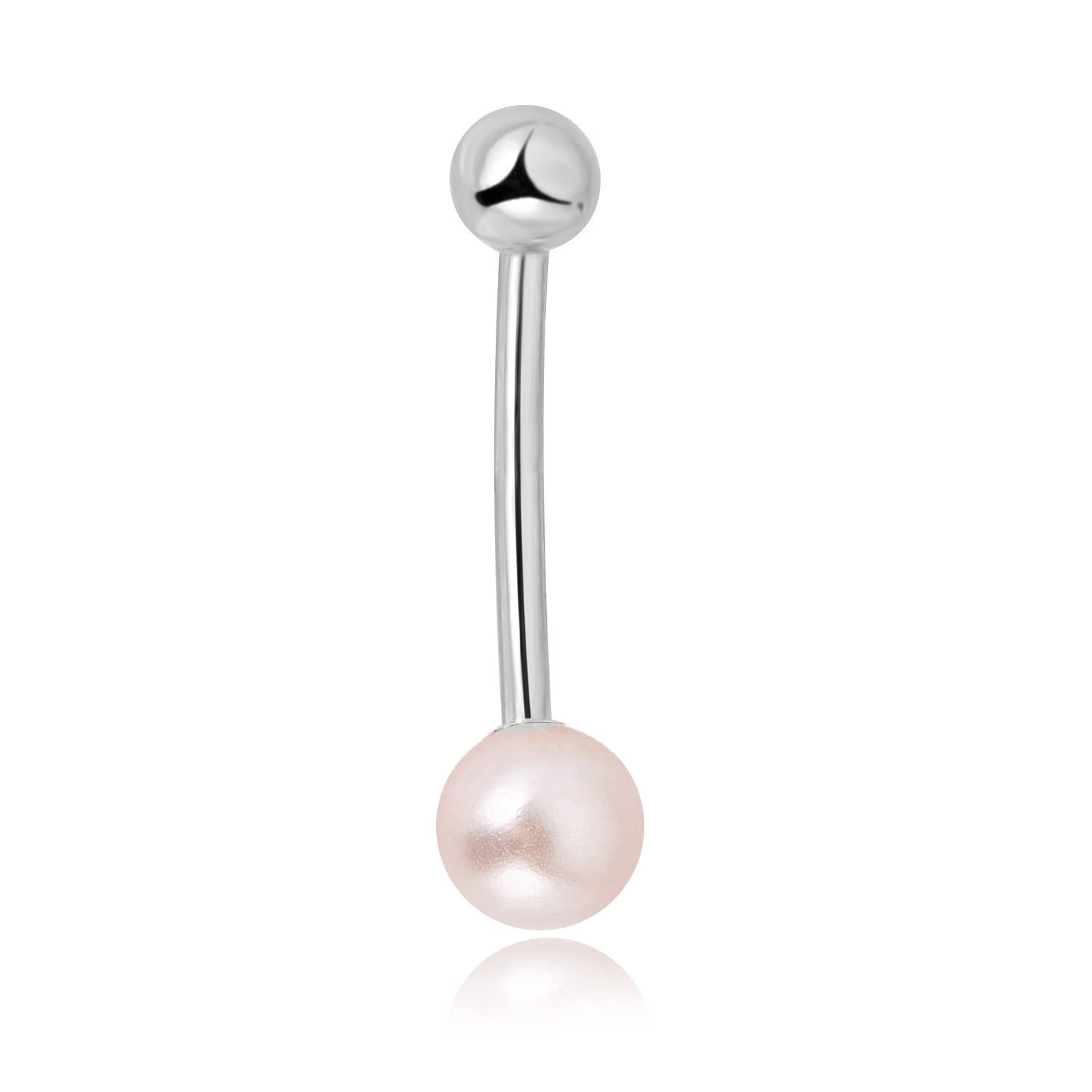 AVORA 10K Yellow/White Gold Freshwater Pearl Belly Button Ring Body Jewelry (14 Gauge)