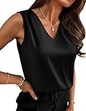 HOTOUCH Satin Tops for Women V Neck Satin Camisole Sleeveless Satin Tank Tops Elegant Silk Vest Shirt Loose Basic Blouses Black XL