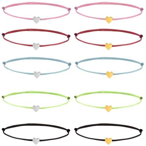 10 Piezas Heart Bracelet Ladies Heart Friendship Bracelet - Banda Textil con un pequeño corazón de Oro y Plata - Hecho a Mano - Pulsera de Mujer de tamaño Ajustable