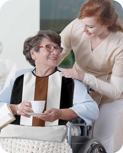Geometric Stripes Adult Bib for Eating with Crumb Catcher,Washable & Waterproof Terry Cloth Adjustable Elderly Women Men Adult Bibs Apron Clothing Protector Boho Tribal Black Brown Whte Bohemia