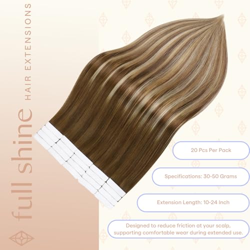 Image of Full Shine Human Hair Tape in Extensions, Brown Caramel Blonde Mix 22 Inch | 50g 20PCS, Invisible Remy Tape in Hair Extensions, Add Length Smooth Finish Natural Volume Lightweight Everyday Look