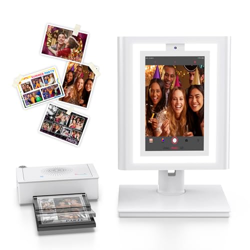 OHYEAHSPIN Desktop Photo Booth Machine Instant Color Photo Printer with 10.1' Touchscreen, LED Ring Light | Includes 60 Sheets of 4x6 Sticky-Back Paper, Pocket PhotoBooth for Party, Wedding, Events
