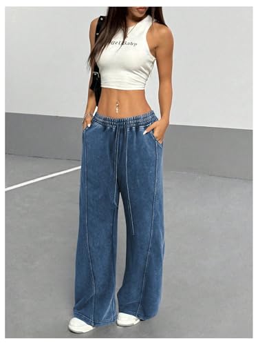 OYOANGLE Women's Wide Leg Y2K Vintage Sweatpants Loose Straight Hip Hop Streetwear Pants with Pockets3