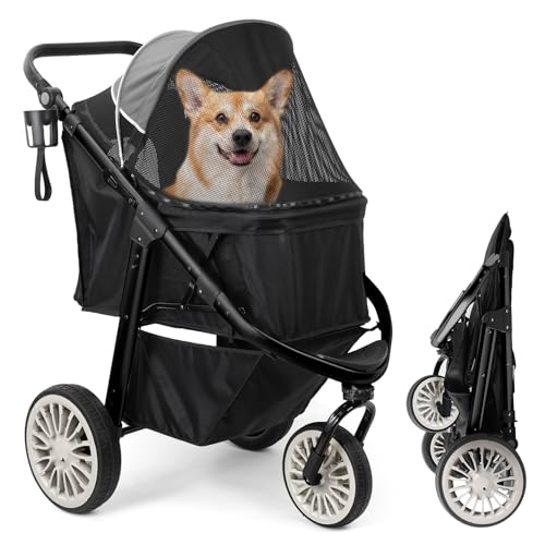 DAISTERN Hundebuggy bis 30 kg, Klappbarer Aluminium-Hundewagen, Gepolsterte Liegefläche, Schwenkbares Vorderrad, Große Hinterrad, Hinterradbremsen, Verstellbarer Griff, Sicherheitsleine, Grau