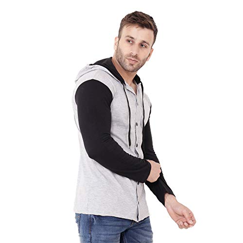 Image of Geum Men's Full Sleeve Hooded T-Shirt with Button-Down Front | Casual Slim Fit Cotton Shirt-Style Tee