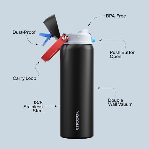 Image of Insulated Water Bottle with Straw - Encool Stainless Steel Water Bottle with Push Button Lid, Leak-Proof & BPA-Free, Keeps Cold for 24 Hours for Sports, Travel, Gym (32 oz, Oil Black)