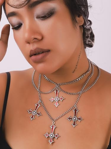 Sacina Gothic Red Goth Cross Necklace, Gothic Goth Emo Necklace, Grunge Costume Jewelry, Christmas Jewelry Gift for Women2