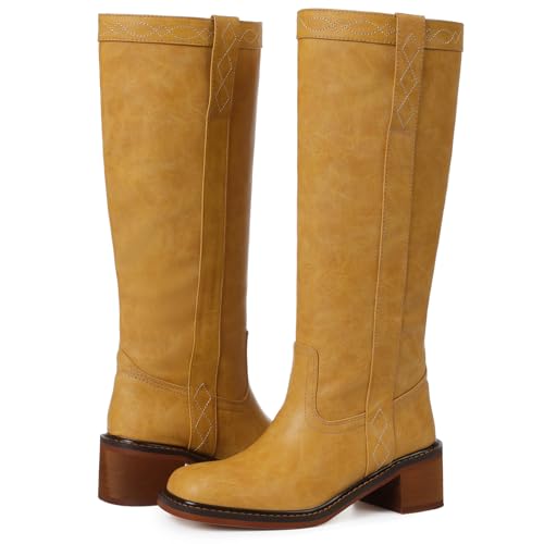 VOMIRA Womens Knee High Boots Square Toe Wide Calf Boots Chunky Block Heel Pull On Long Boots Riding Boots Knight Boots Casual Comfortable Low Heel Womens Boots3