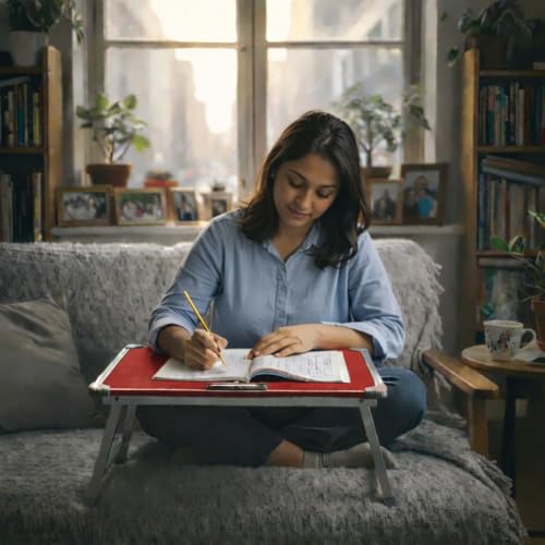 Image of YAJNAS Multipurpose Portable Study Laptop Table (15 x 26 Inch) | Height Adjustable Foldable Lap Desk Bed Table for Kids, Students, Home, Office, Online Classes & Learning - Red