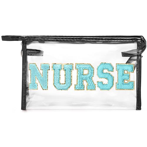 CY2SIDE NURSE Clear Makeup Bag - Blue Letter Patch Cosmetic Bag with Handle for Travel PVC Zipper Clear Travel Pouch for Toiletries Waterproof Portable Organizer Case Gift for Nurse, Black