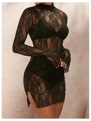 Image of BEAUDRM Women's Lace Mini Dress See Through Sheer Mesh Lingerie Dress Mock Neck Bodycon Dresses Party Outfits Clubwear