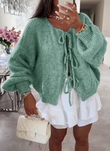 Image of chouyatou Women's Cute Bow Knot Cardigan Fall Casual Oversized Ribbed Knit Sweater Cardigan Tops