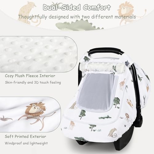 Image of Winter Car Seat Cover Baby with Sunshade & Dual Zipper Windows - Minky Bubble Lined Windproof Soft Shell, Warm Newborn Car Seat Canopy Covers, Elastic Bottom for Stroller & Infant Car Seat, Animal