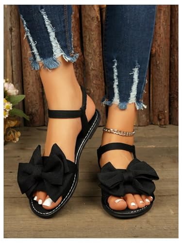 Image of GORGLITTER Women's Bow Flat Sandals 2026 Dressy Cute Ankle Strap Slides | Summer Shoes for Women 2026, Slip On Open Toe Flats, Slingback Slides, Vacation Dress Sandals